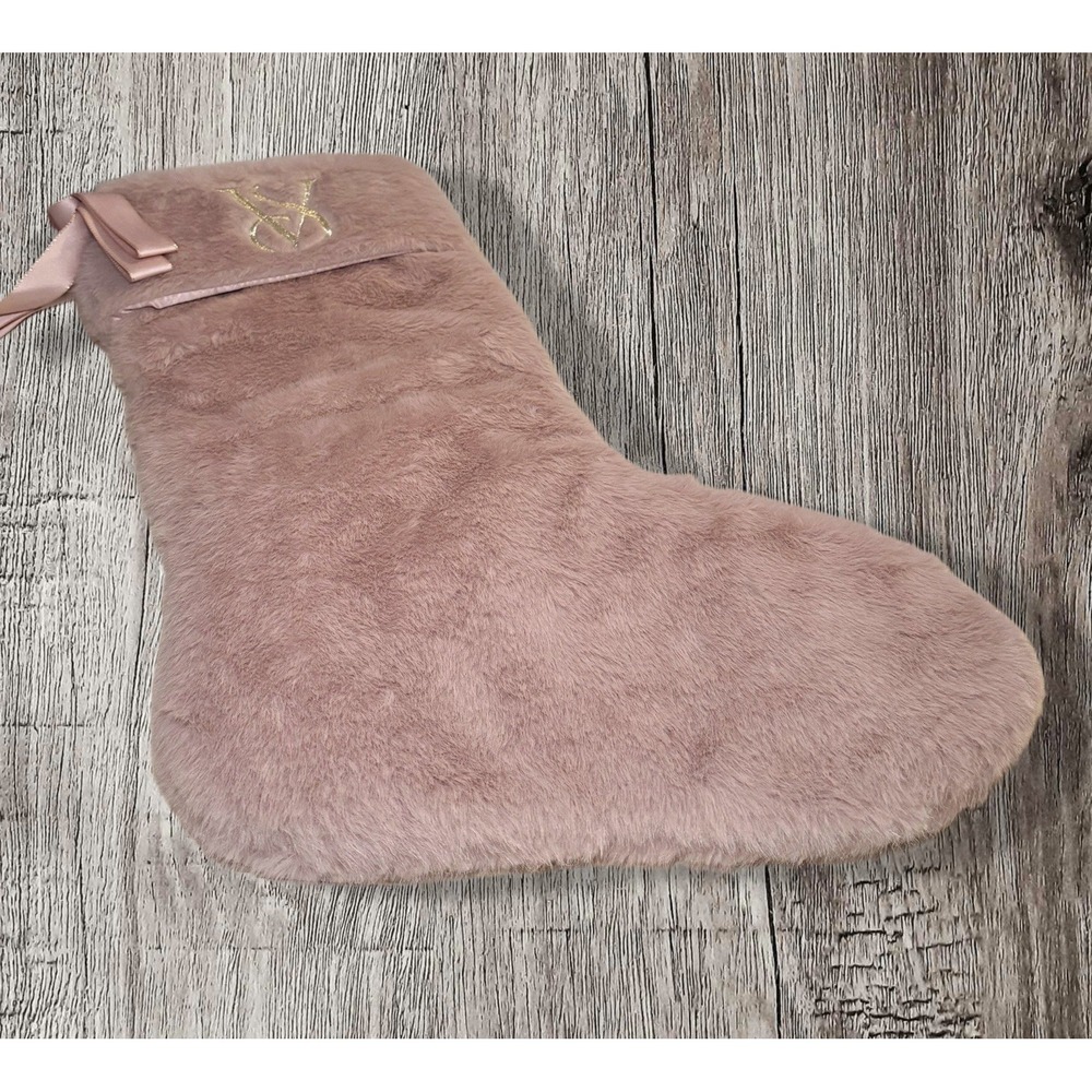 VICTORIA'S SECRET FAUX FUR CHRISTMAS STOCKING BLUSH PINK MAUVE GOLD TRIM NWT